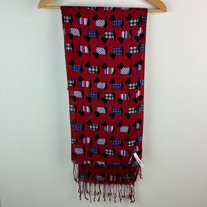 NWOT Talbots red viscose scarf with a Scottie dog terrier pattern fringe 80x20in